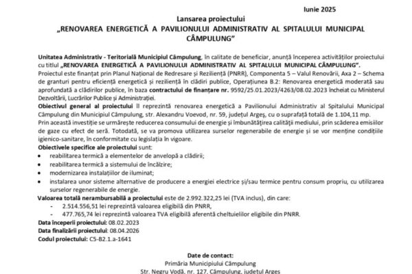 RENOVAREA ENERGETICĂ A PAVILIONULUI ADMINISTRATIV AL SPITALULUI MUNICIPAL CÂMPULUNG