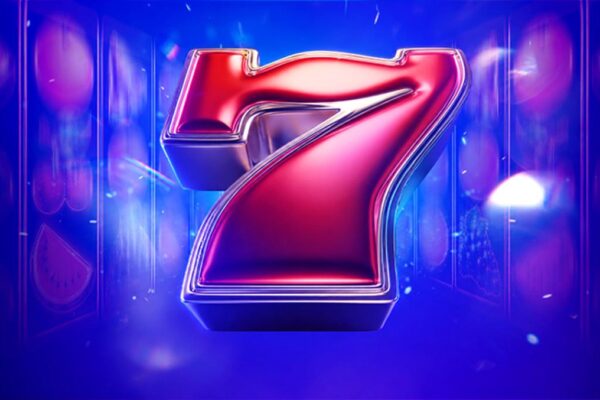 Cifră șapte roșie lucioasă pe fundal albastru neon