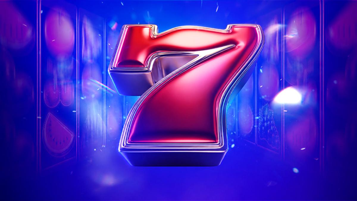 Cifră șapte roșie lucioasă pe fundal albastru neon
