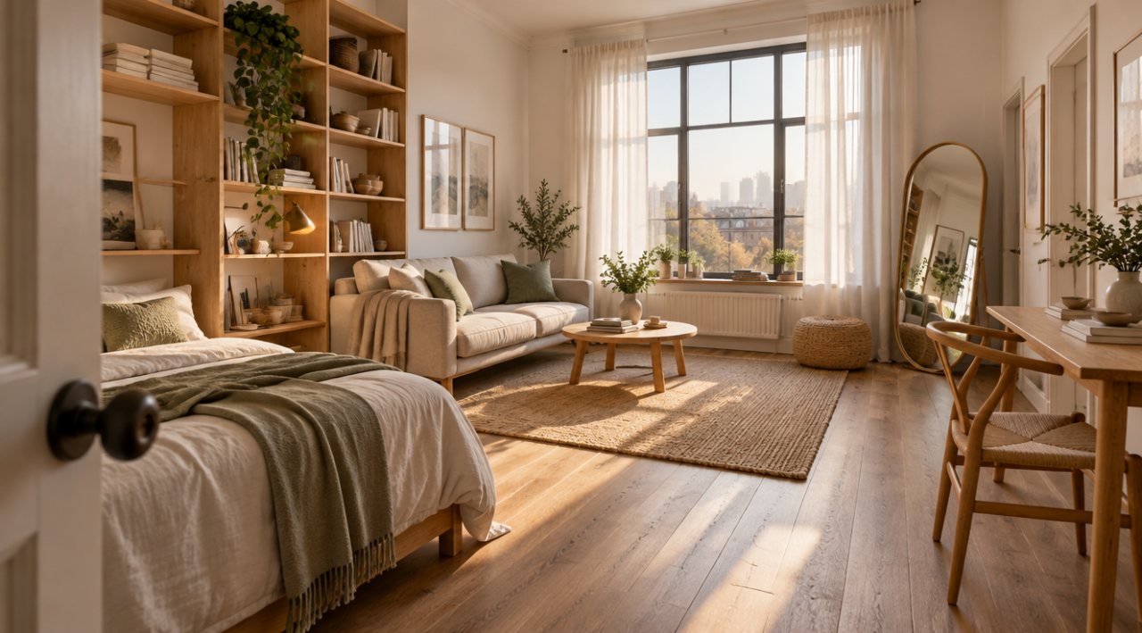 Living luminos într-un apartament mic, cu rafturi înalte, mobilă cu picioare vizibile și o oglindă mare lângă fereastră