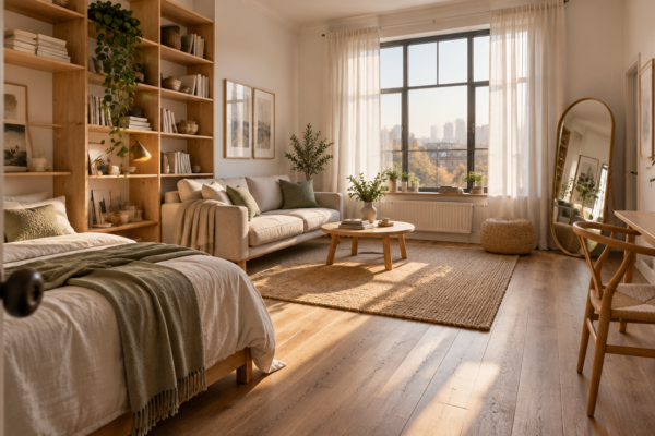 Living luminos într-un apartament mic, cu rafturi înalte, mobilă cu picioare vizibile și o oglindă mare lângă fereastră